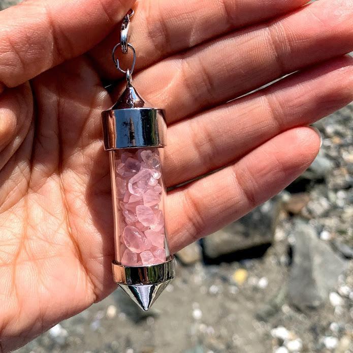 3 in 1 Rose Quartz  Crystal Chips Point Pendulum With Detachable Chakra Bead Chain (Use as a  Pendant, Bracelet & Pendulum) - Earth Family Crystals