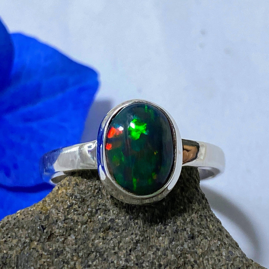 Flashy Black Ethiopian Opal Dainty Sterling Silver Ring (Size 6.5) - Earth Family Crystals
