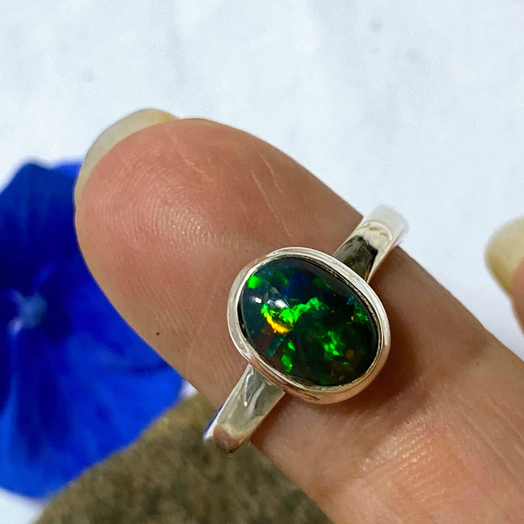 Flashy Black Ethiopian Opal Dainty Sterling Silver Ring (Size 6.5) - Earth Family Crystals