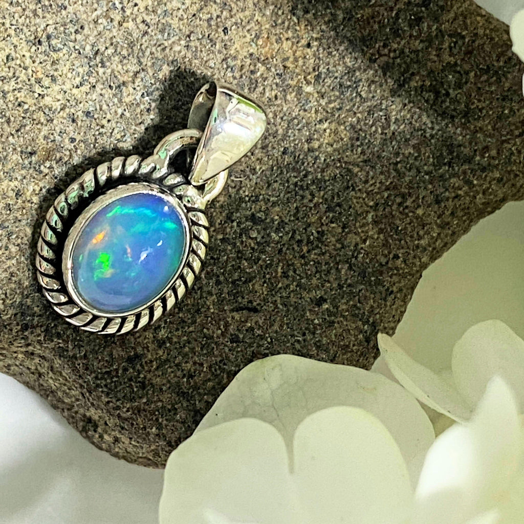Flashy Ethiopian Opal Dainty Sterling Silver Pendant (Includes Silver Chain) #1 - Earth Family Crystals