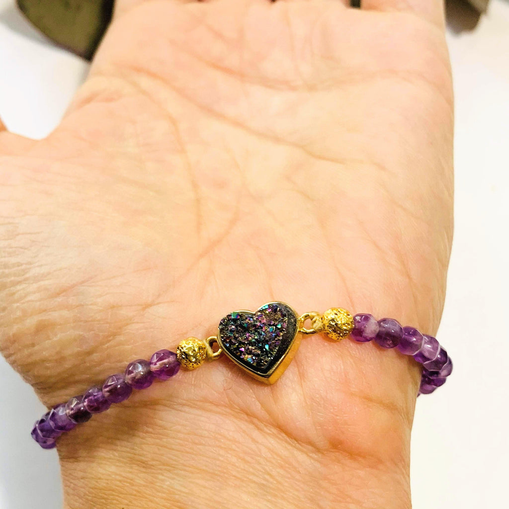 Brilliant Lavender Amethyst & Titanium Quartz Druzy Heart Charm Bracelet on Adjustable Cord - Earth Family Crystals