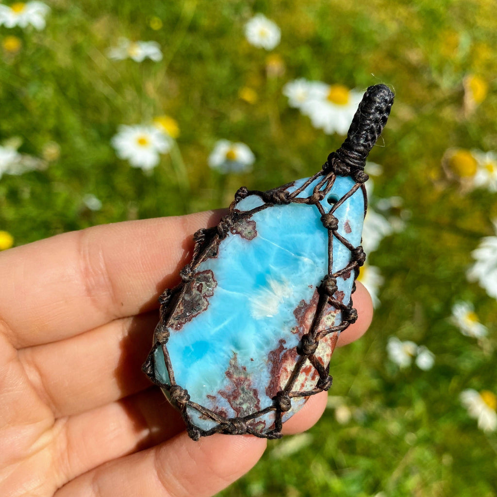 Gorgeous Ocean Blue Chunky Larimar Hand Made Macramé Wrapped Pendant (Includes Adjustable Cotton Cord) - Earth Family Crystals