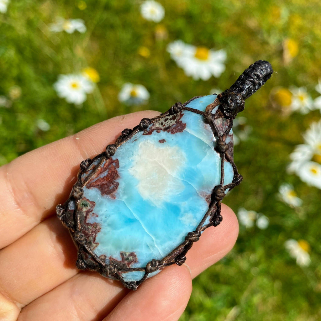 Gorgeous Ocean Blue Chunky Larimar Hand Made Macramé Wrapped Pendant (Includes Adjustable Cotton Cord) - Earth Family Crystals