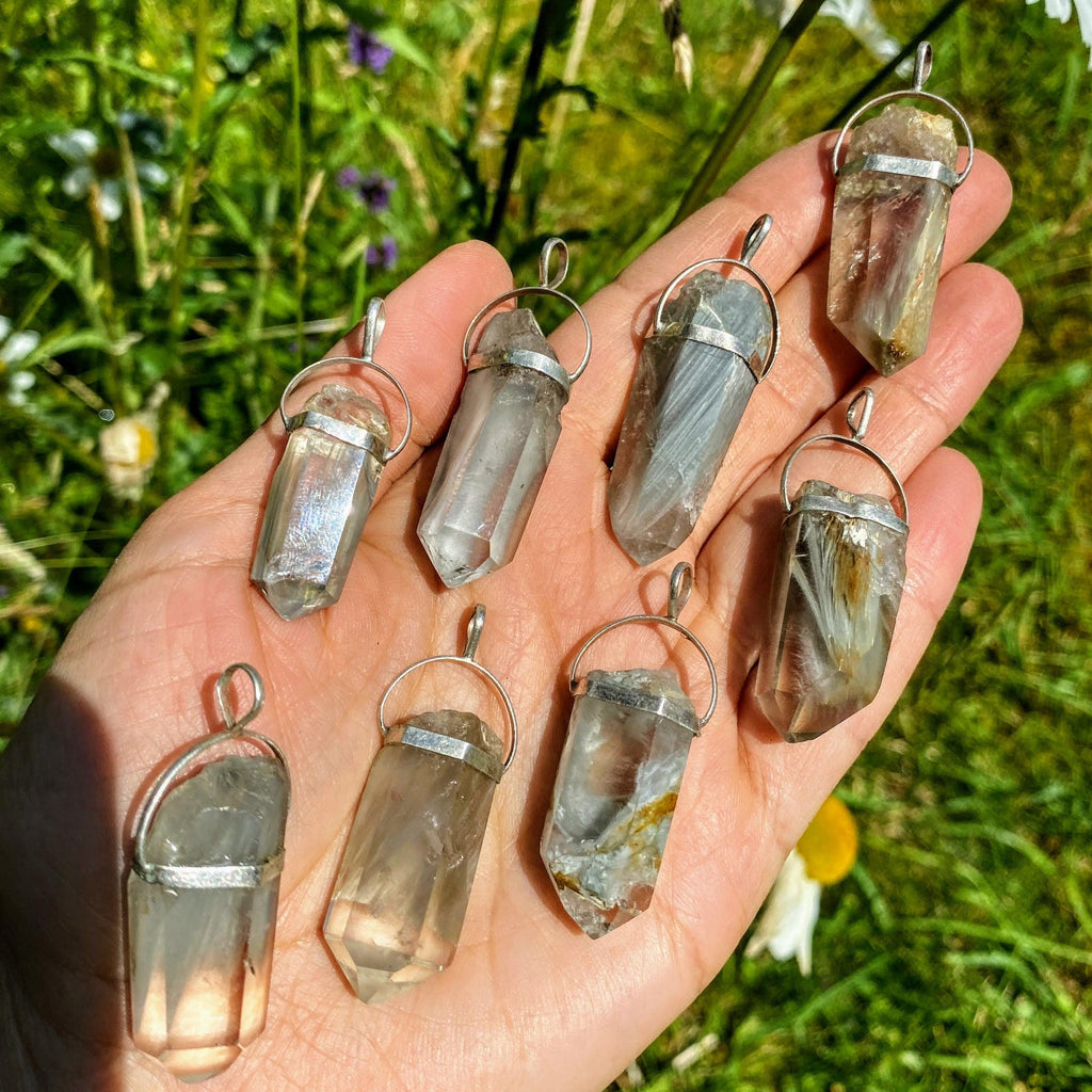 SPECIAL DEAL! One Angel Phantom Quartz Partially Polished Pendant in Sterling Silver (Includes Silver Chain) - Earth Family Crystals
