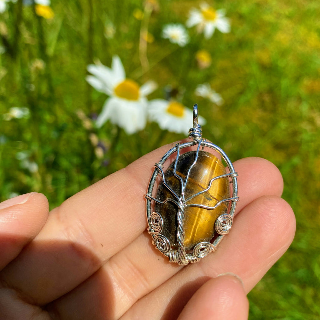 Tiger Eye Wire Wrapped Tree of Life Pendant (Includes Silver Chain) - Earth Family Crystals