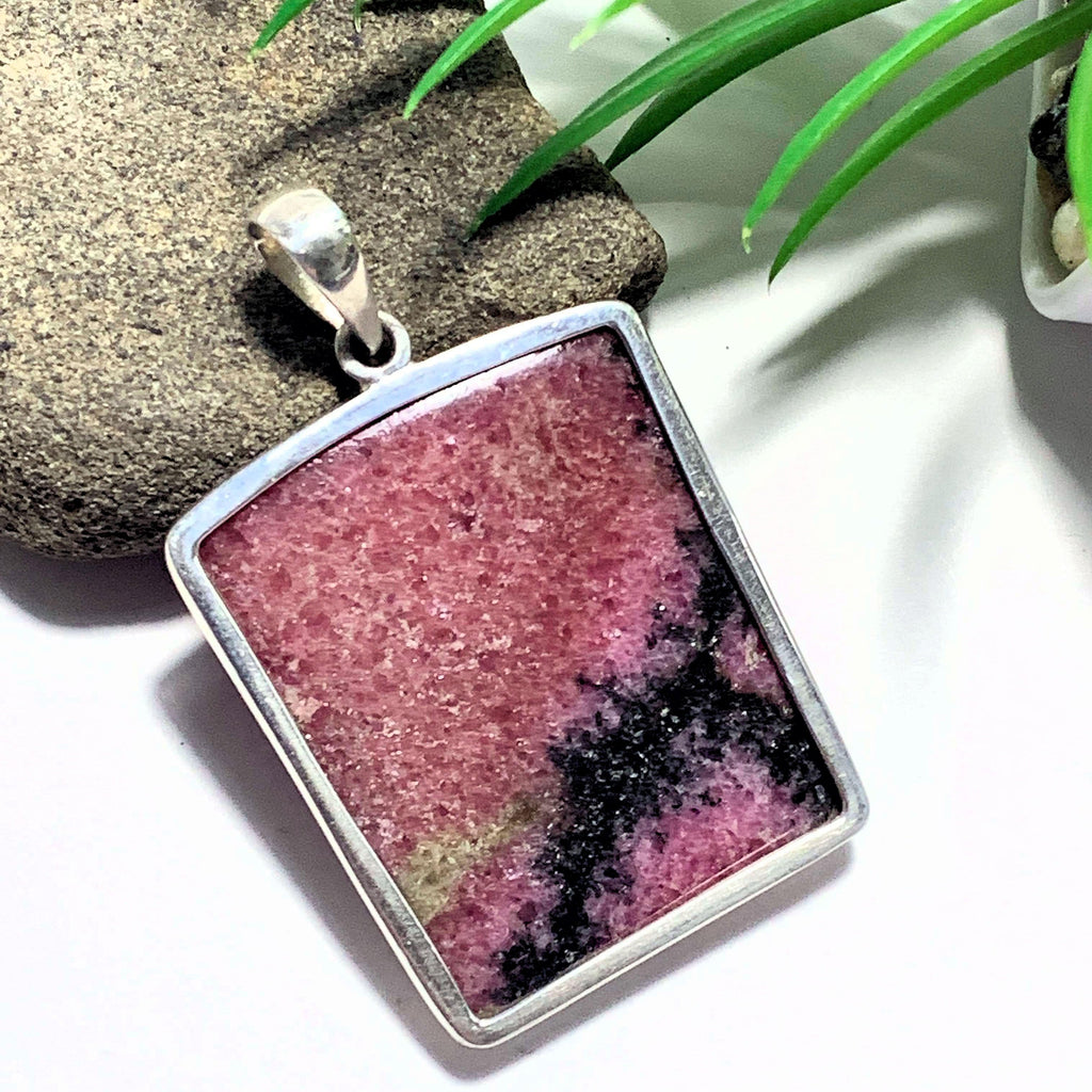 Chunky Raspberry Red Rhodonite Pendant In Sterling Silver (Includes Silver Chain) - Earth Family Crystals