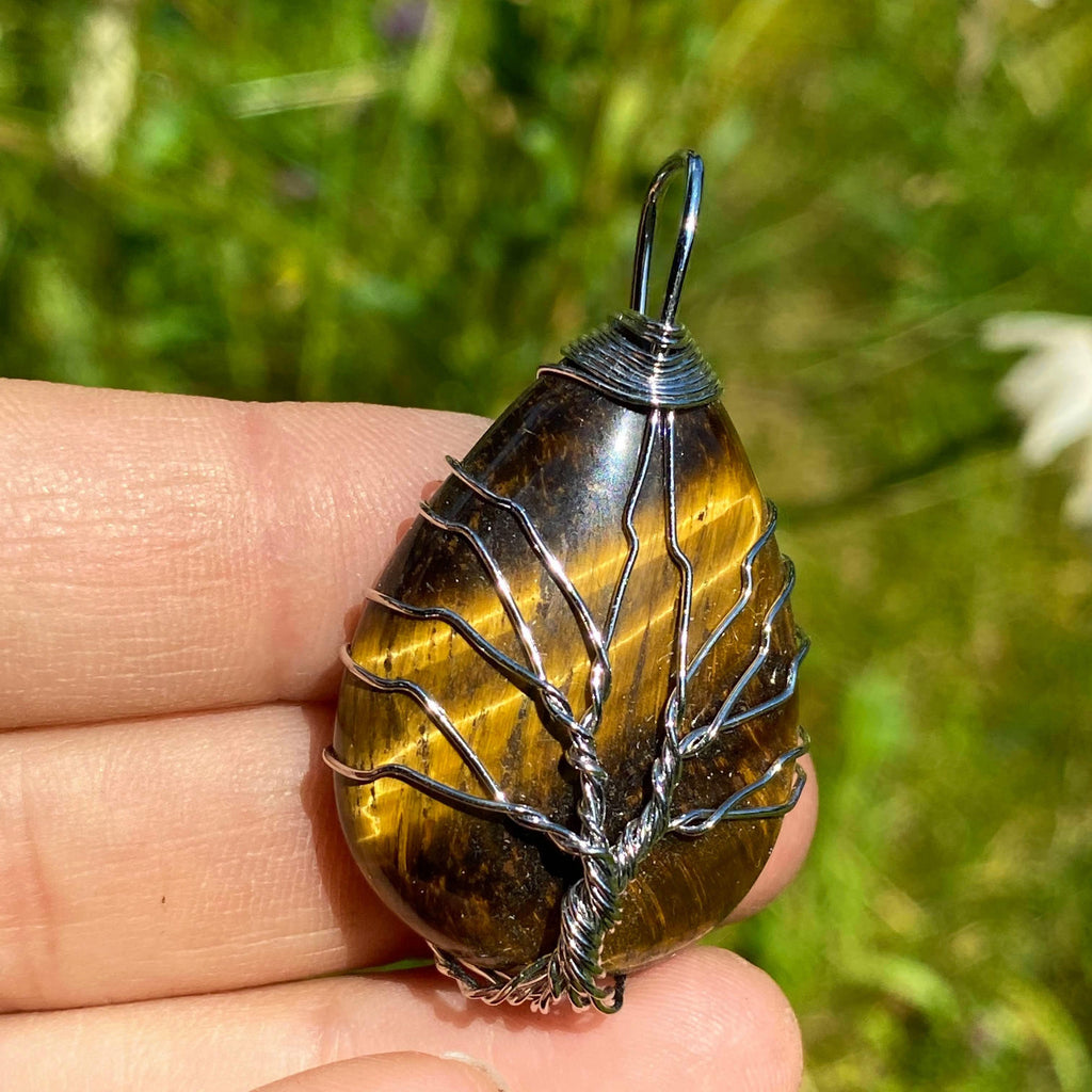 Tiger Eye Tree of Life Wire Wrapped Pendant (Includes Silver Chain) - Earth Family Crystals