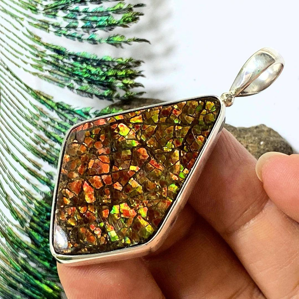 Flashy Genuine Ammolite Large Pendant in Sterling Silver (Includes Silver Chain) #2 - Earth Family Crystals