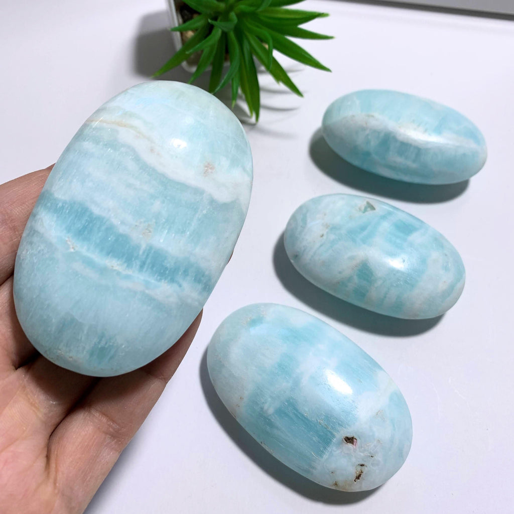 One Caribbean Calcite Large Soothing Blue Palm Stone - Earth Family Crystals
