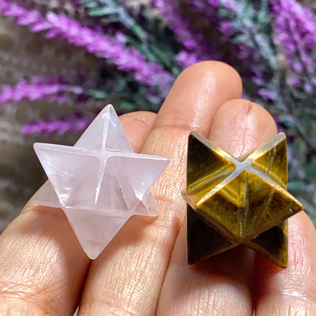 Set of 2 ~ Rose Quartz & Tiger Eye Small Handheld Merkaba Carvings - Earth Family Crystals