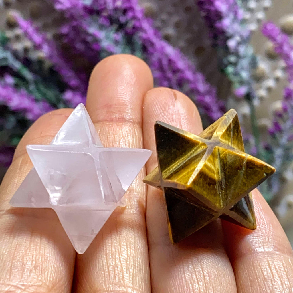 Set of 2 ~ Rose Quartz & Tiger Eye Small Handheld Merkaba Carvings - Earth Family Crystals