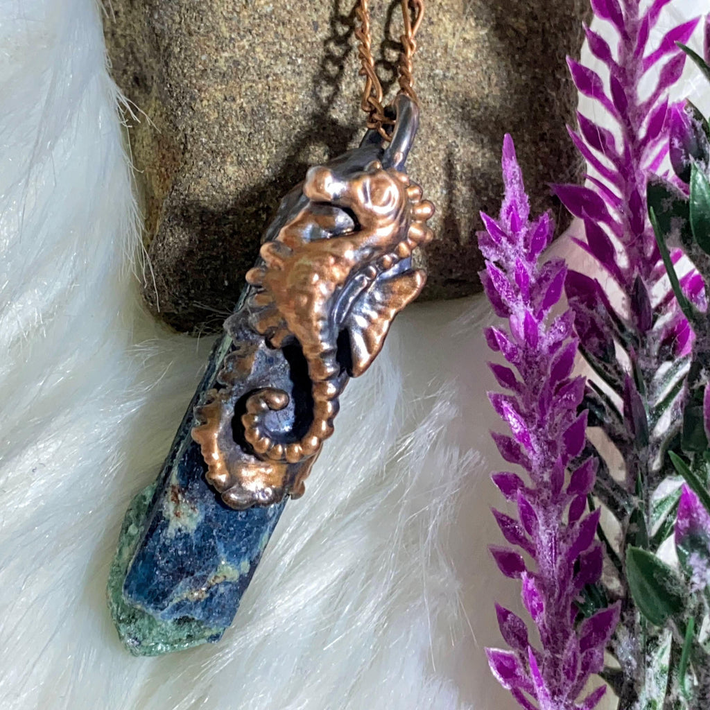 Seahorse Spirit Totem~ Blue Kyanite & Fuchsite Ooak Handmade Copper Necklace (24" chain) - Earth Family Crystals