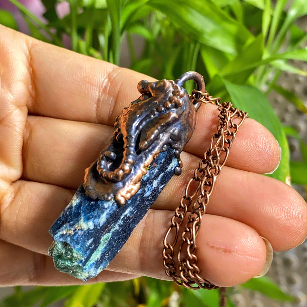 Seahorse Spirit Totem~ Blue Kyanite & Fuchsite Ooak Handmade Copper Necklace (24" chain) - Earth Family Crystals