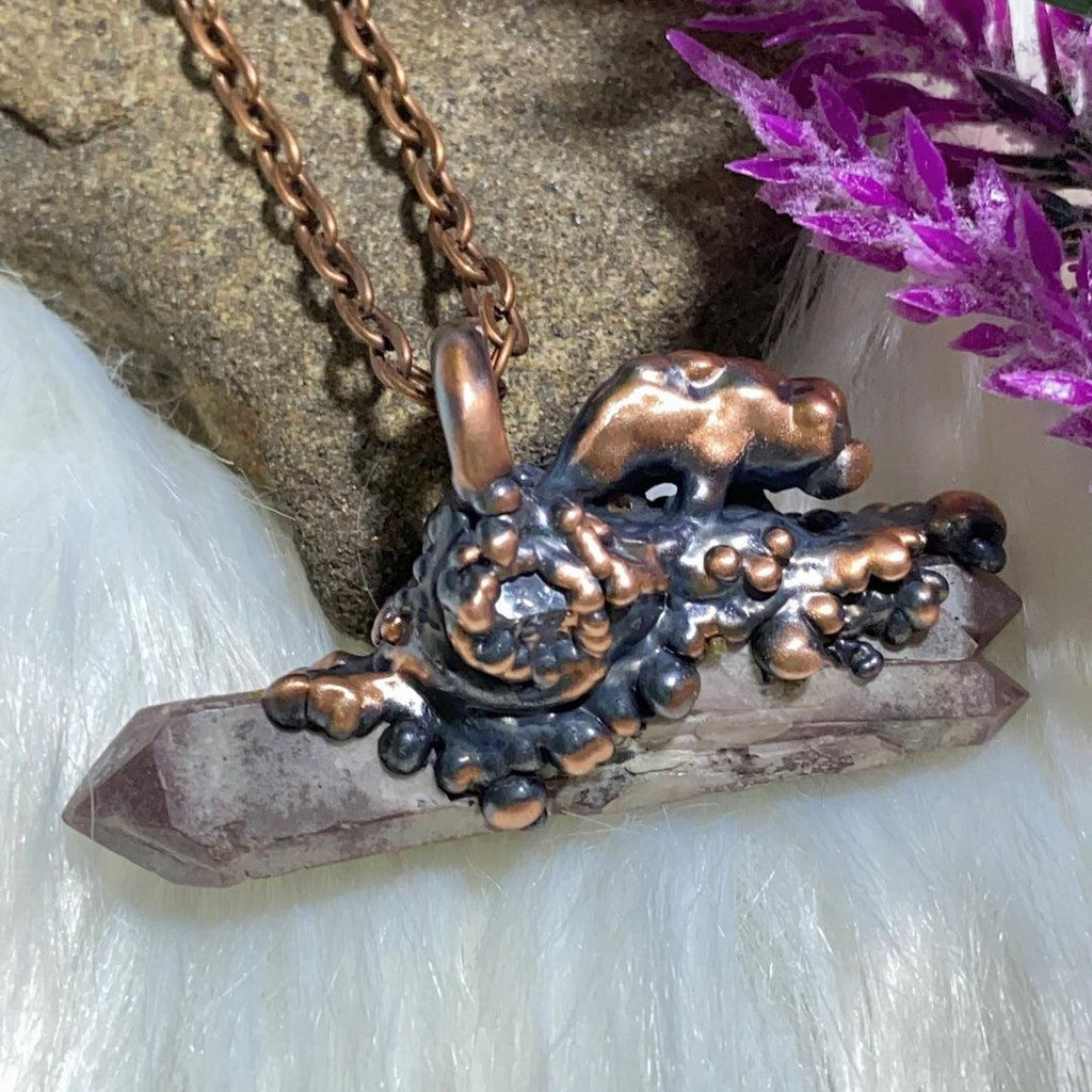 Friendly Bear Animal Totem~ Lithium Quartz & Herkimer Diamond Ooak Handmade Copper Necklace (28" chain) - Earth Family Crystals