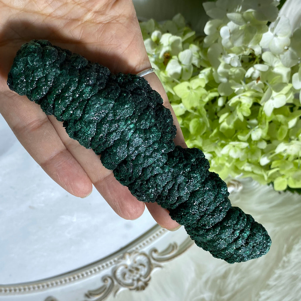 Unique Formation of raw shimmering Malachite Stalagtite - Earth Family Crystals