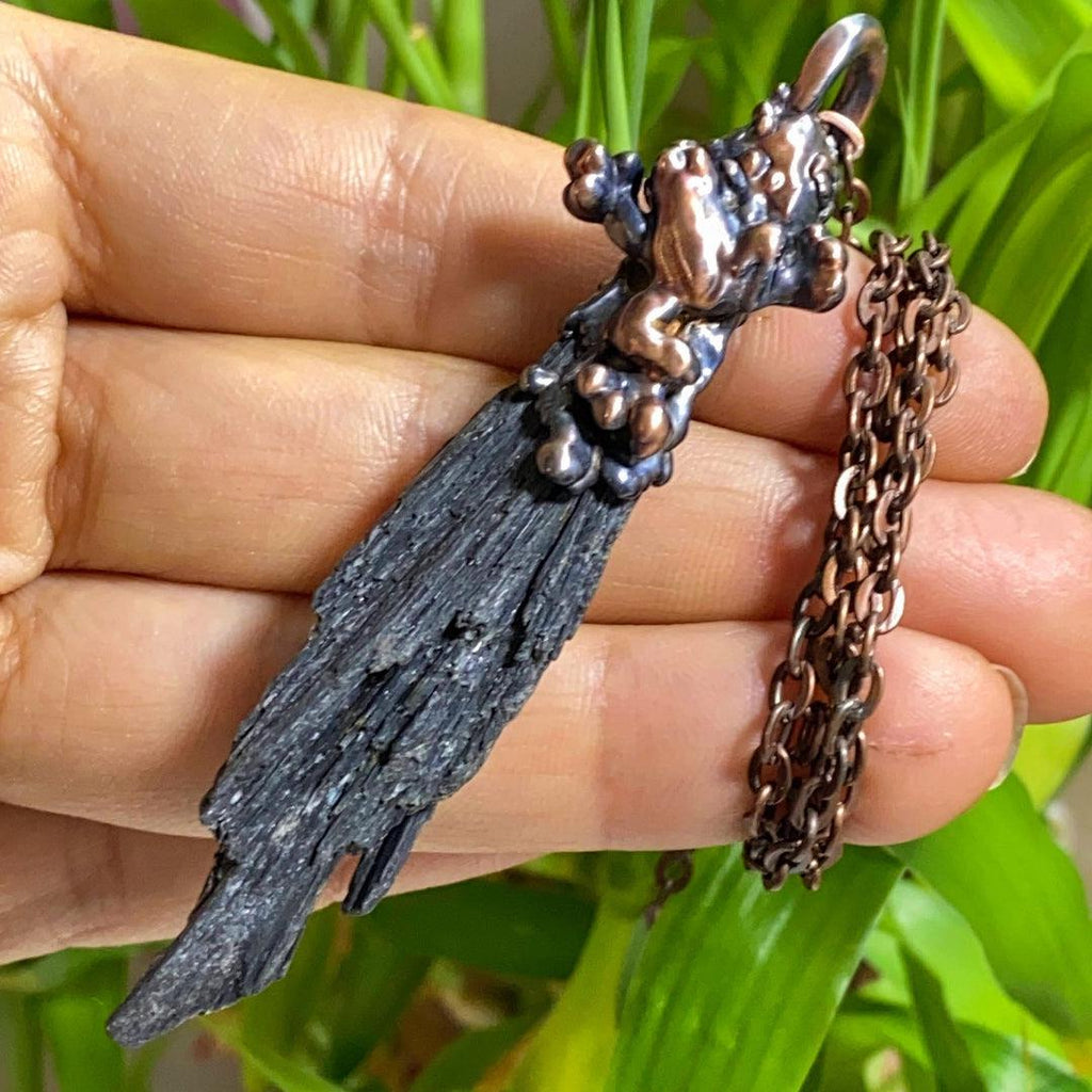 Friendly Frog Animal Totem~ Black Kyanite Handmade Copper Necklace (28" chain) - Earth Family Crystals