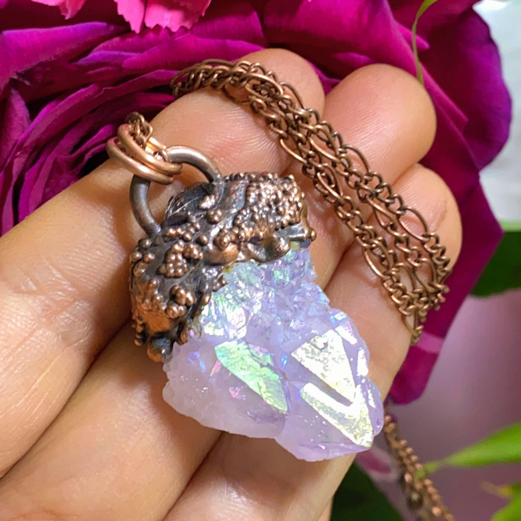 Nature's Whispers~ Angel Aura Spirit Quartz & Herkimer Diamond Handmade Copper Necklace (24" chain) - Earth Family Crystals