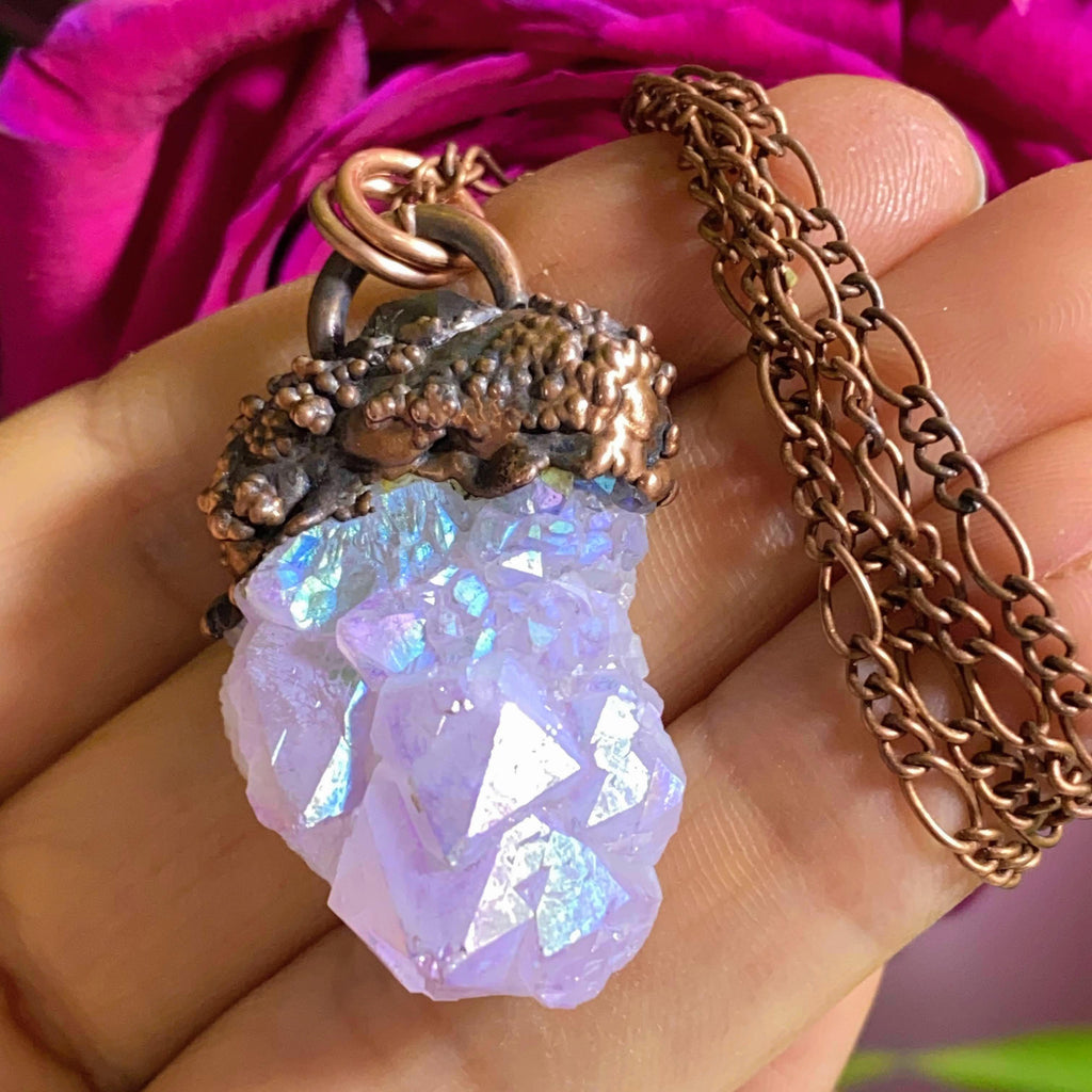 Nature's Whispers~ Angel Aura Spirit Quartz & Herkimer Diamond Handmade Copper Necklace (24" chain) - Earth Family Crystals