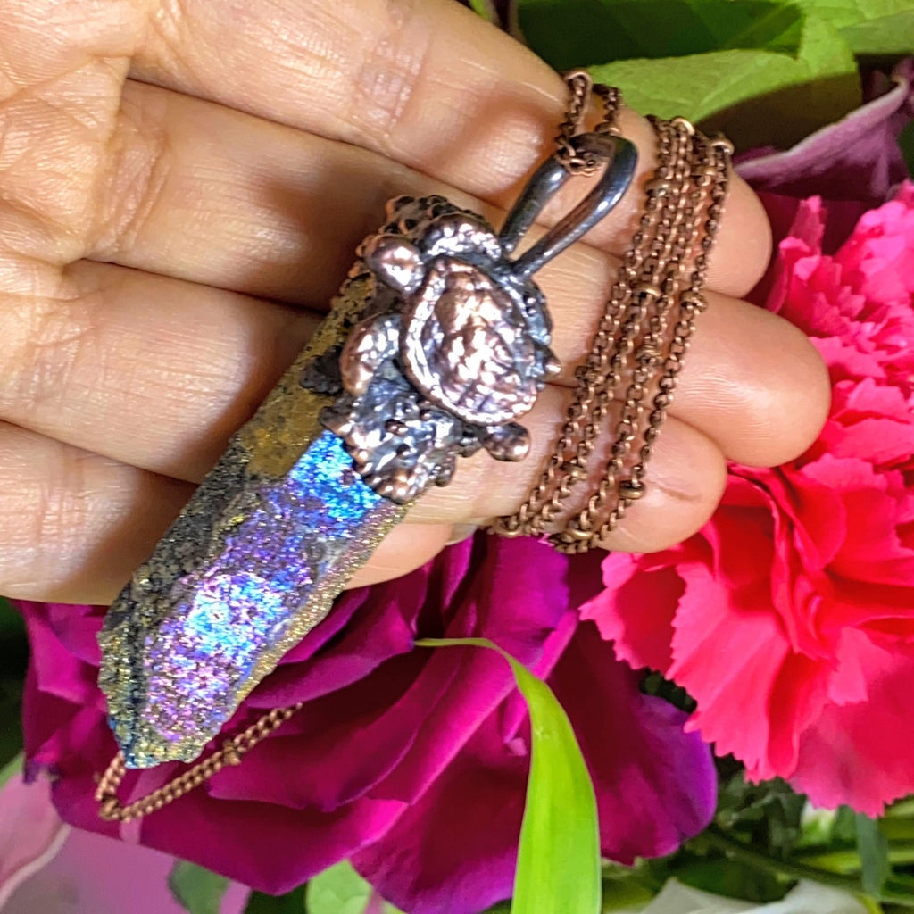 Turtle Spirit Totem~Titanium Aura Spirit Quartz Handmade Copper Necklace (24" chain) - Earth Family Crystals