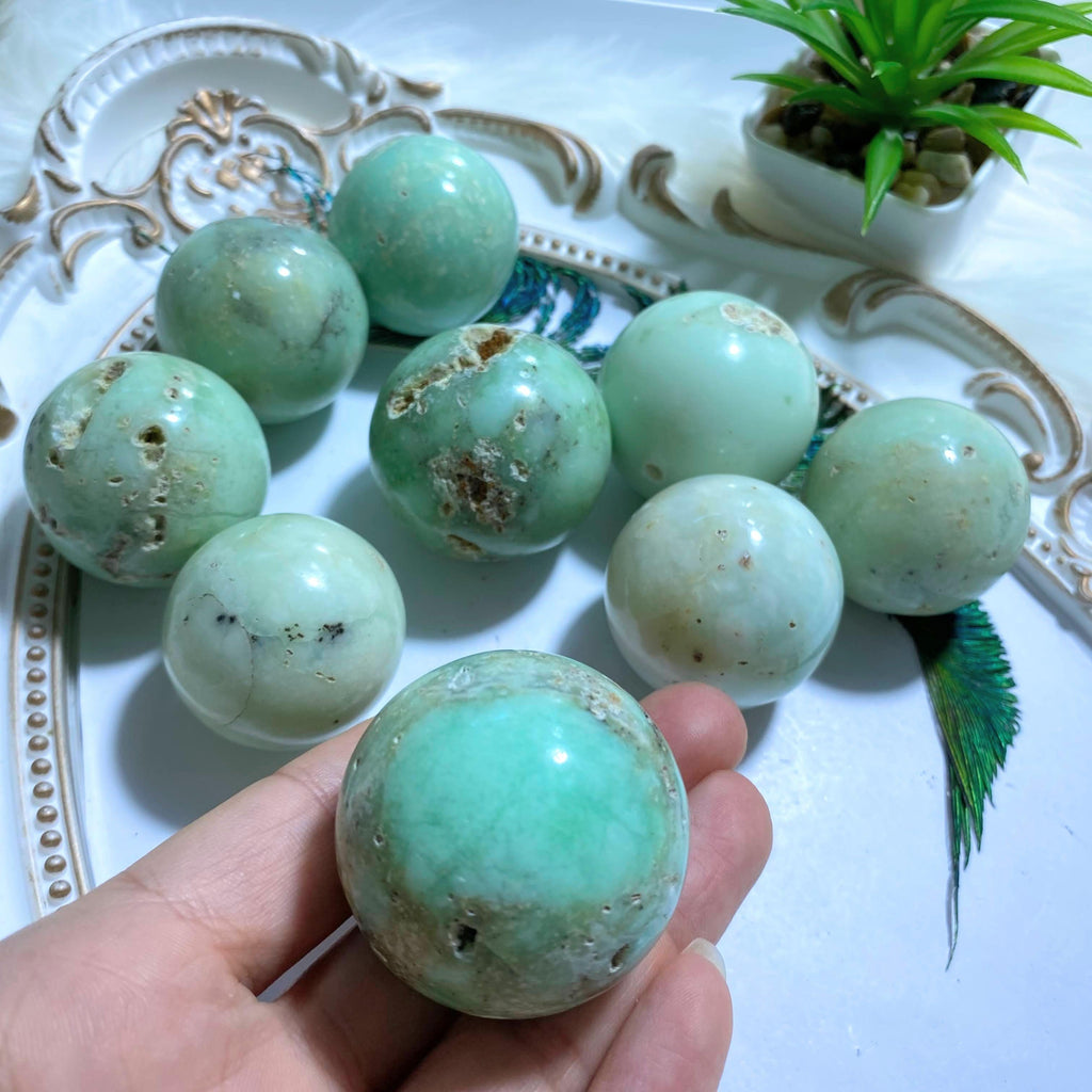 One Chrysoprase Medium Partially Polished Sphere Carving - Earth Family Crystals