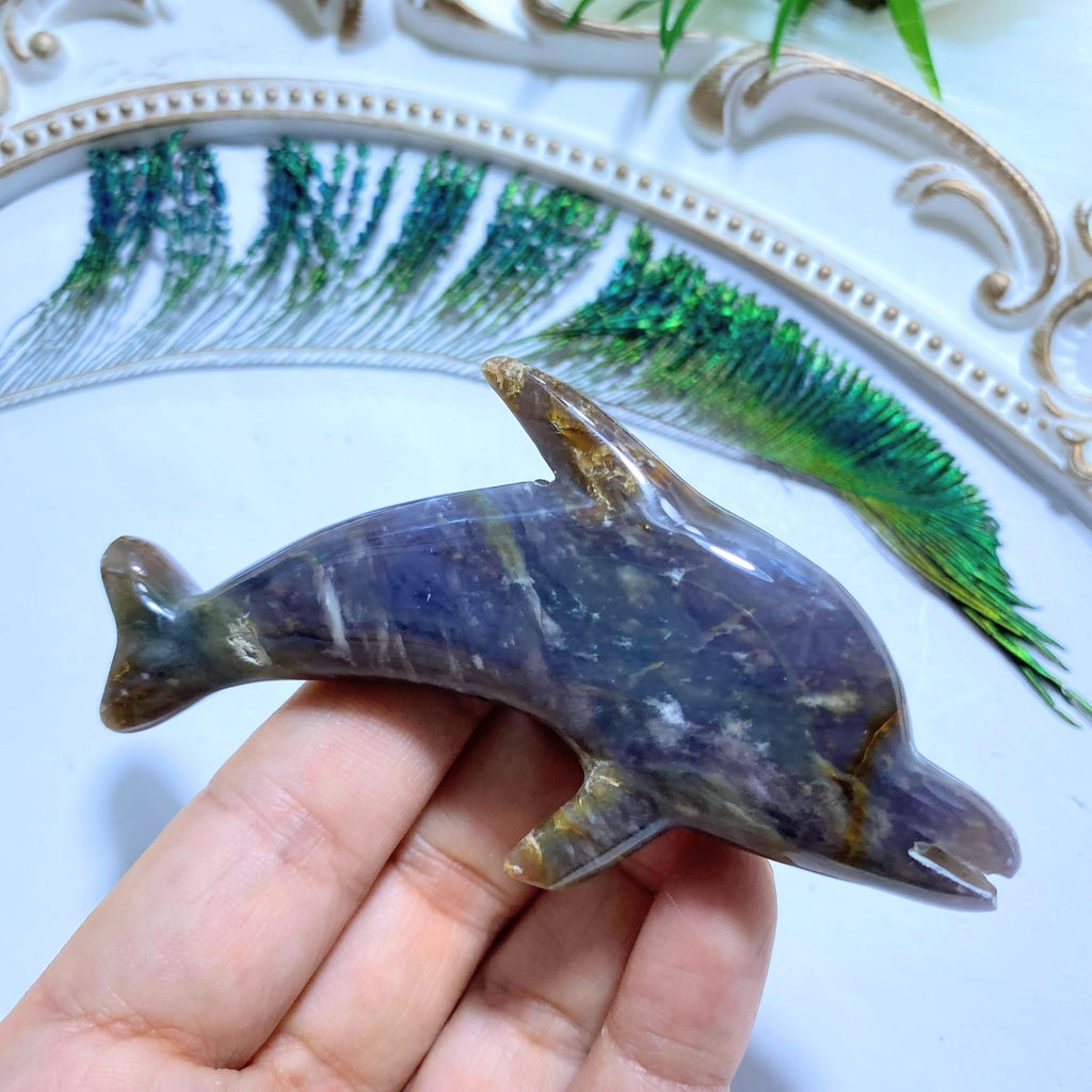 Violet Flame Purple Agate Standing Dolphin Carving - Earth Family Crystals