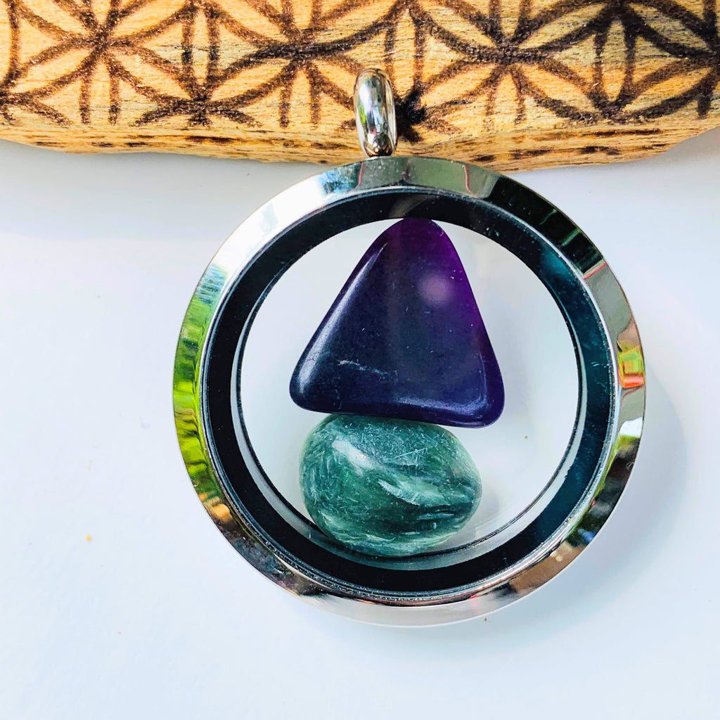 Sugilite & Seraphinite Floating stones in Locket Style Unscrewable Stainless Steel Pendant (Includes Silver Chain) - Earth Family Crystals