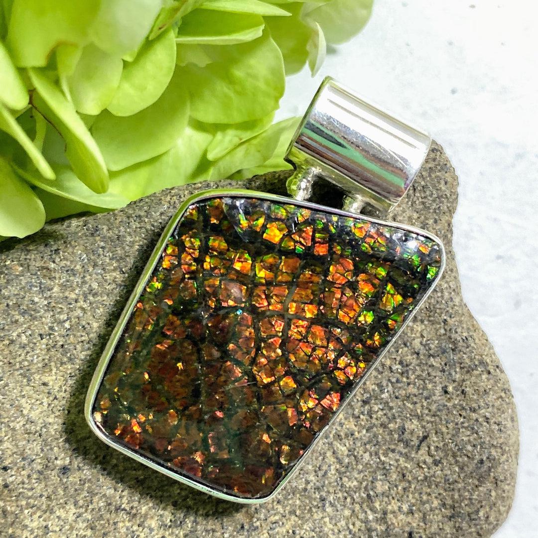 Multi Color Flashes Ammolite Pendant in Sterling Silver (Includes Silver Chain) #2 - Earth Family Crystals