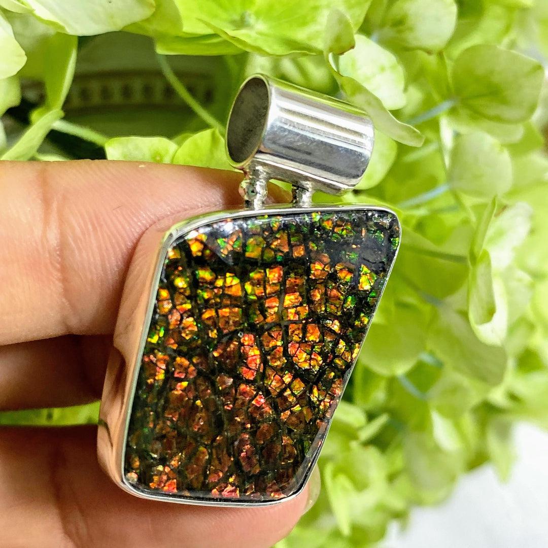Multi Color Flashes Ammolite Pendant in Sterling Silver (Includes Silver Chain) #2 - Earth Family Crystals