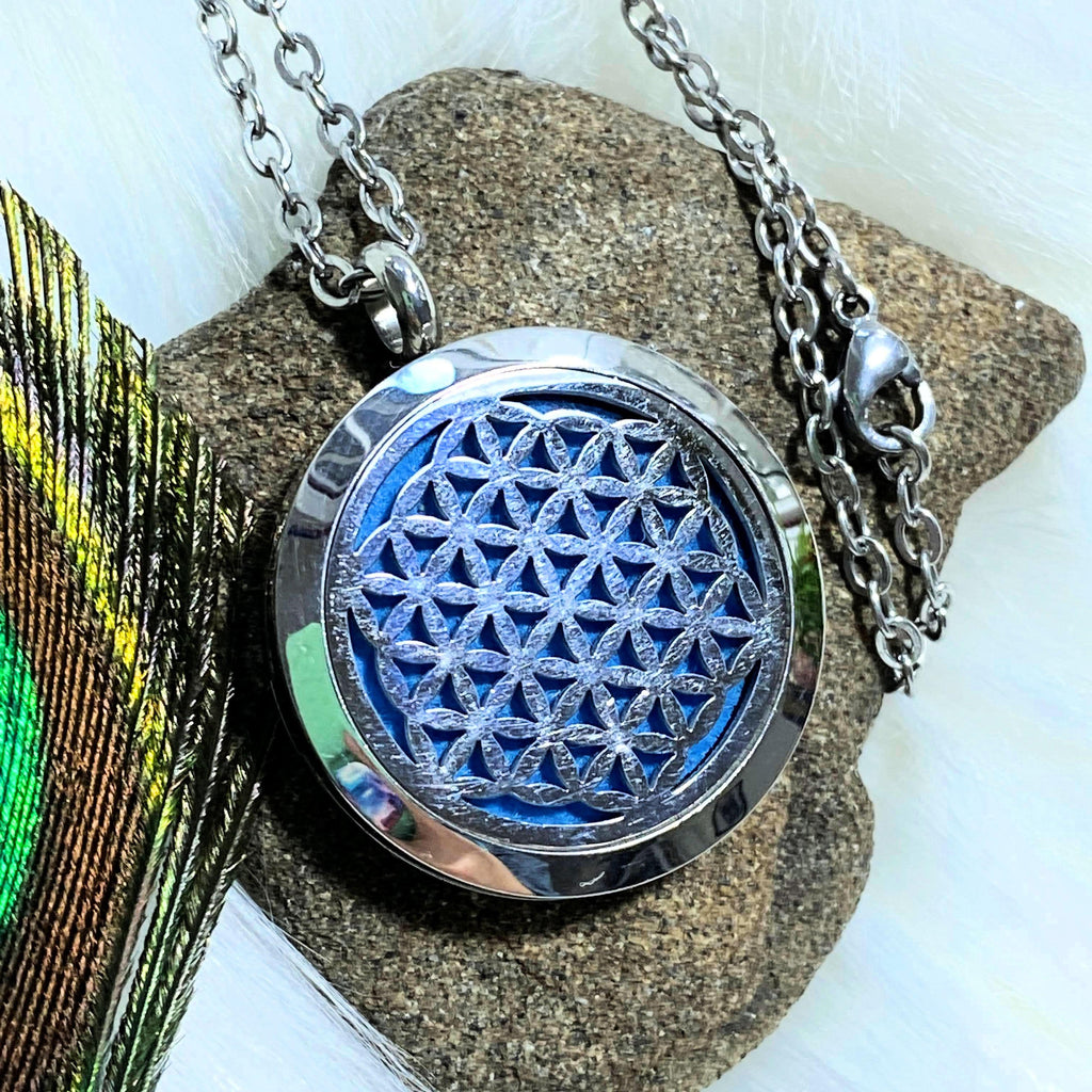 Flower of Life Diffuser Pendant Perfect for Essential Oils in Stainless Steel (Includes 19 Inch Stainless Steel Chain) - Earth Family Crystals