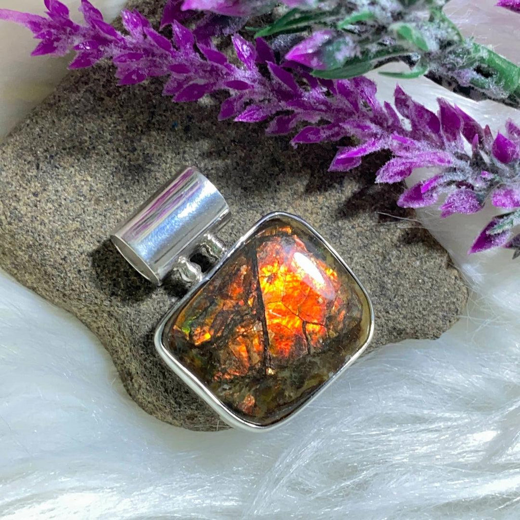Fiery Red Flashes Ammolite Pendant in Sterling Silver (Includes Silver Chain) - Earth Family Crystals