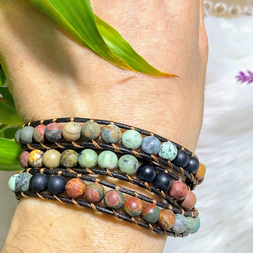 Multi Colored Jasper Unpolished Stone wrap bracelet with Adjustable Sizes - Earth Family Crystals
