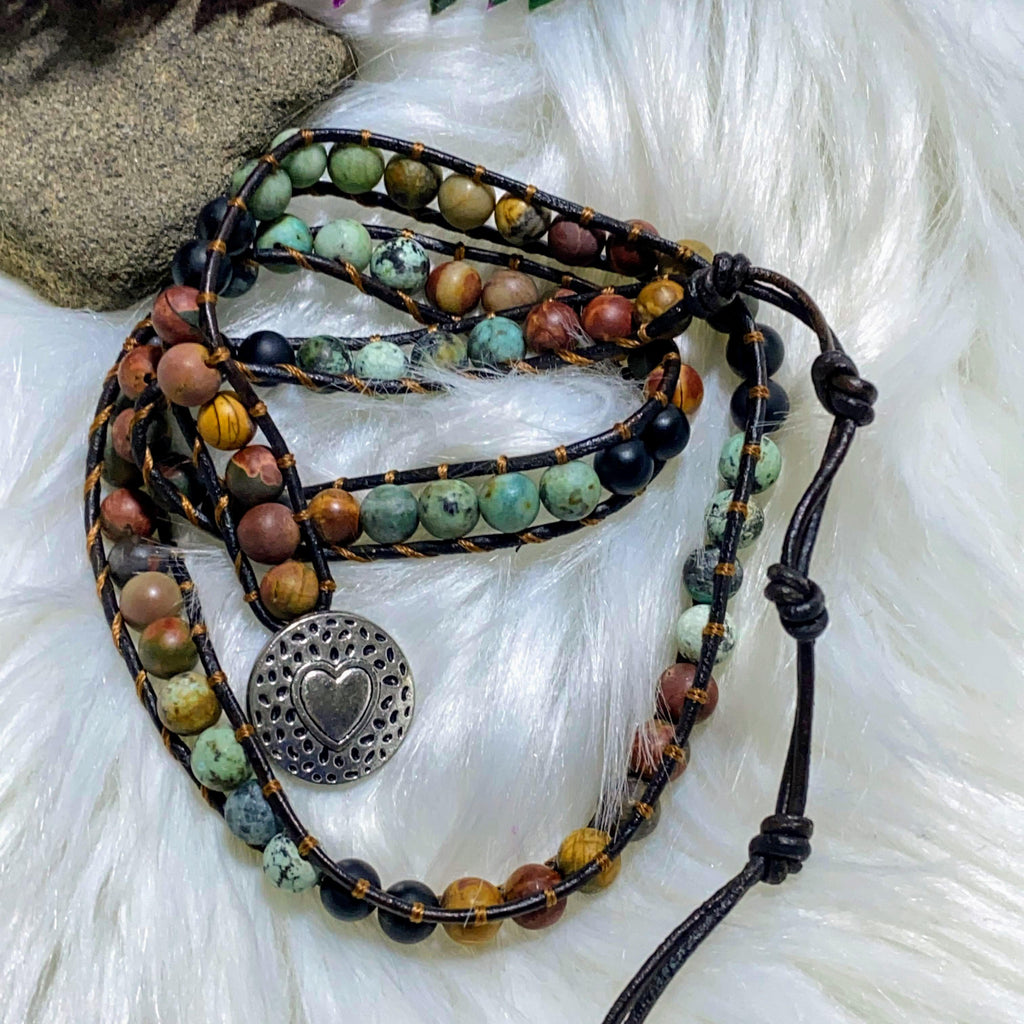 Multi Colored Jasper Unpolished Stone wrap bracelet with Adjustable Sizes - Earth Family Crystals
