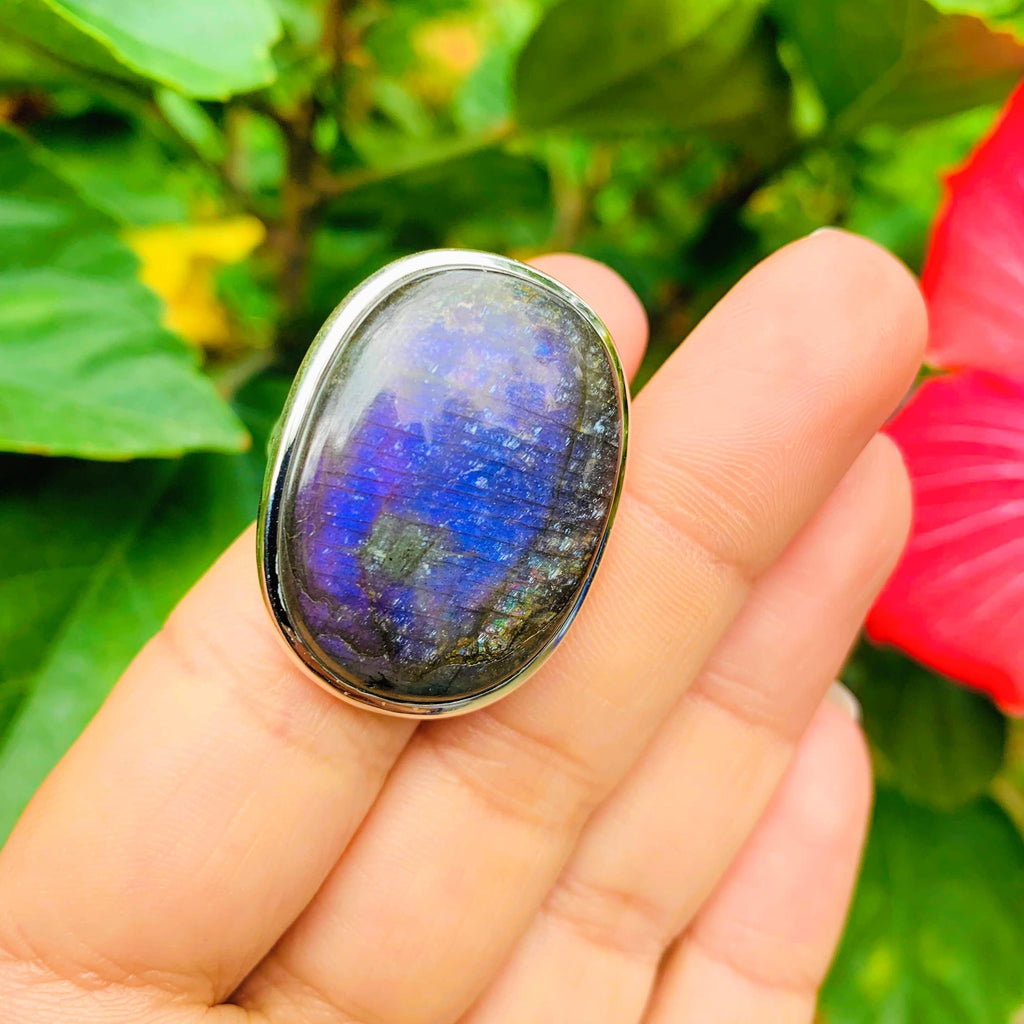 Purple Flashes Chunky  Labradorite Gemstone Ring in Sterling Silver (Size 10) - Earth Family Crystals