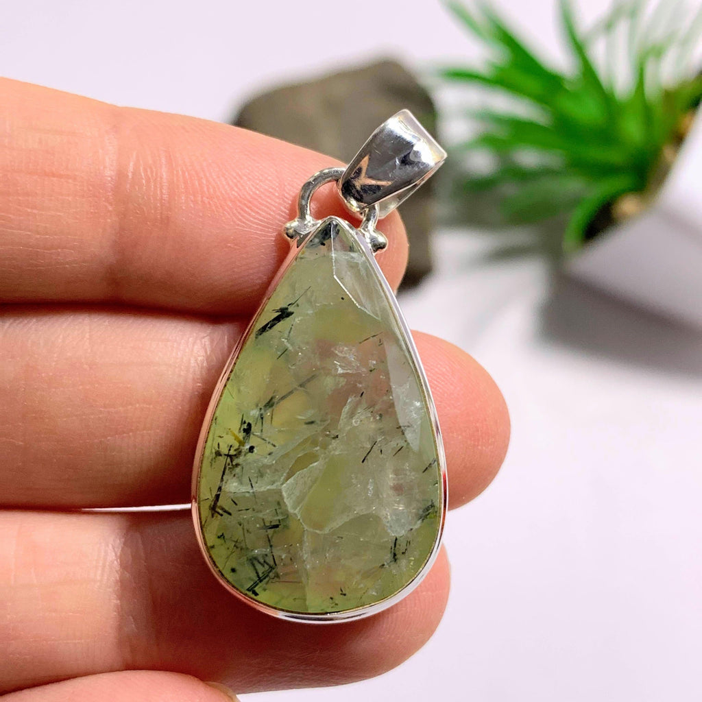 Green Prehnite & Epidot Threads Faceted Sterling Silver Pendant (Includes Silver Chain) - Earth Family Crystals