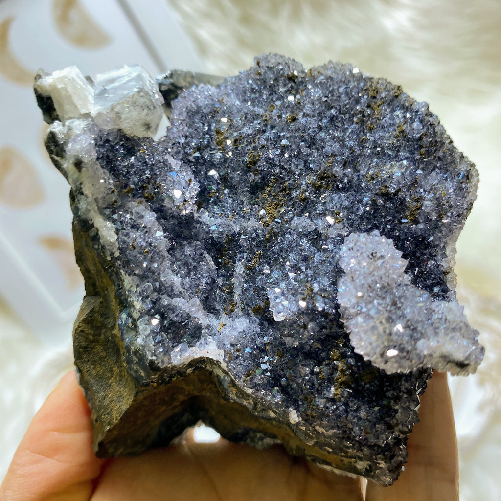 Sparkling Rare Black Amethyst & Stellar Beam Calcite Display Specimen From Uruguay - Earth Family Crystals