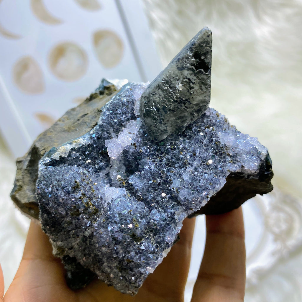 Sparkling Rare Black Amethyst & Stellar Beam Calcite Display Specimen From Uruguay - Earth Family Crystals