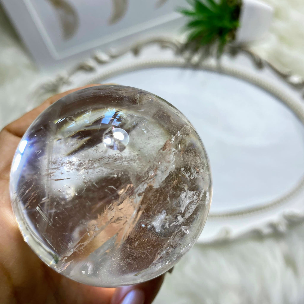 Mesmerizing Rainbow Loaded Large Clear Quartz Sphere (Includes Wood Stand) *REDUCED - Earth Family Crystals
