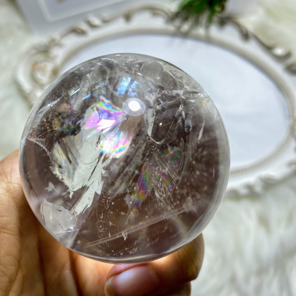 Mesmerizing Rainbow Loaded Large Clear Quartz Sphere (Includes Wood Stand) *REDUCED - Earth Family Crystals