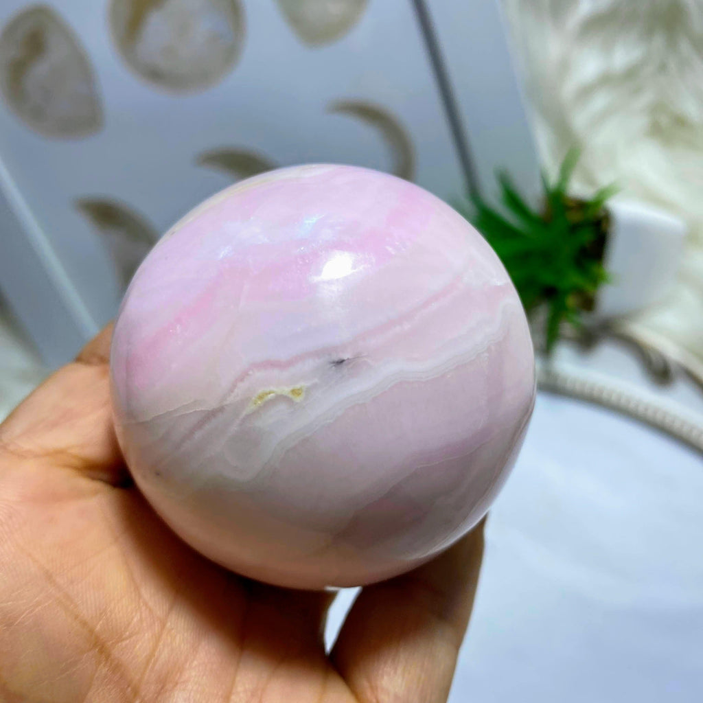 Incredible Large Creamy Pink Mangano Calcite Sphere Carving (Includes Wood Stand) - Earth Family Crystals