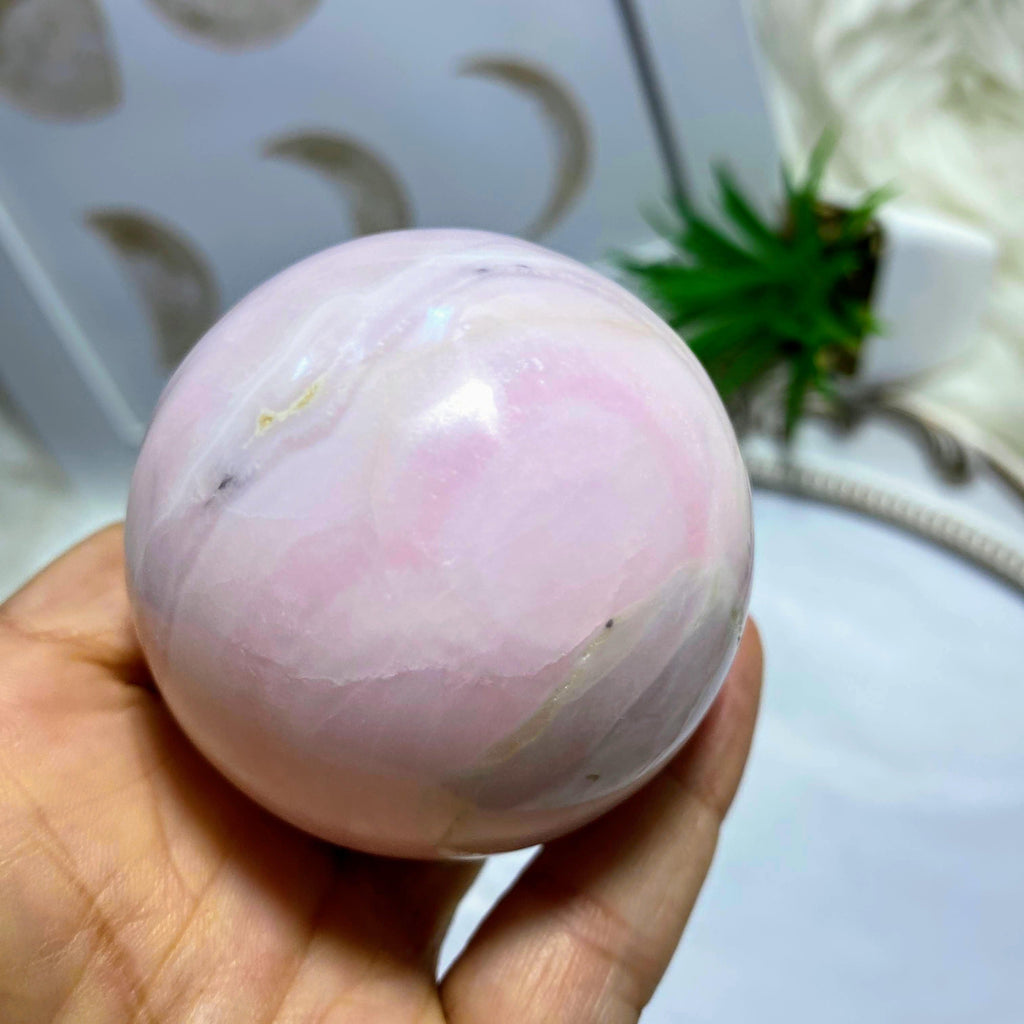 Incredible Large Creamy Pink Mangano Calcite Sphere Carving (Includes Wood Stand) - Earth Family Crystals