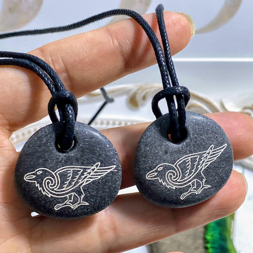 One Raven Etched River Rock on Adjustable Cotton Cord - Earth Family Crystals