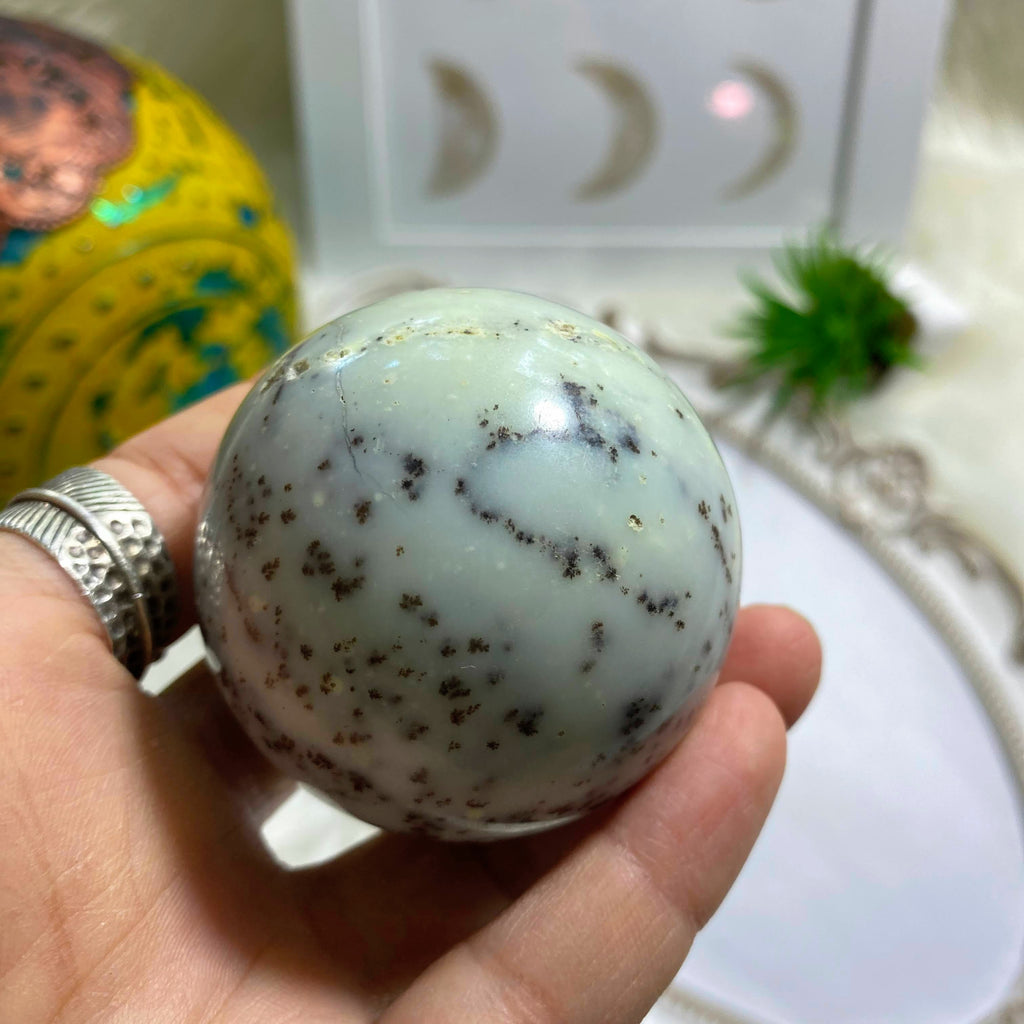 Unique Chrysoprase & Dendritic Included Large Sphere Carving - Earth Family Crystals