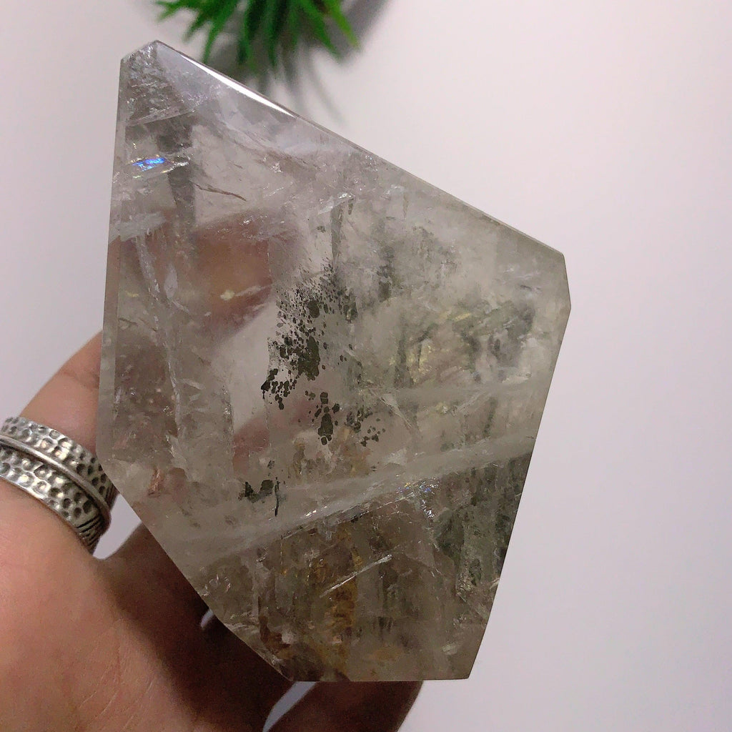 Clear Quartz Chunky Polished Display Specimen With Golden Pyrite Inclusion-Locality Brazil - Earth Family Crystals
