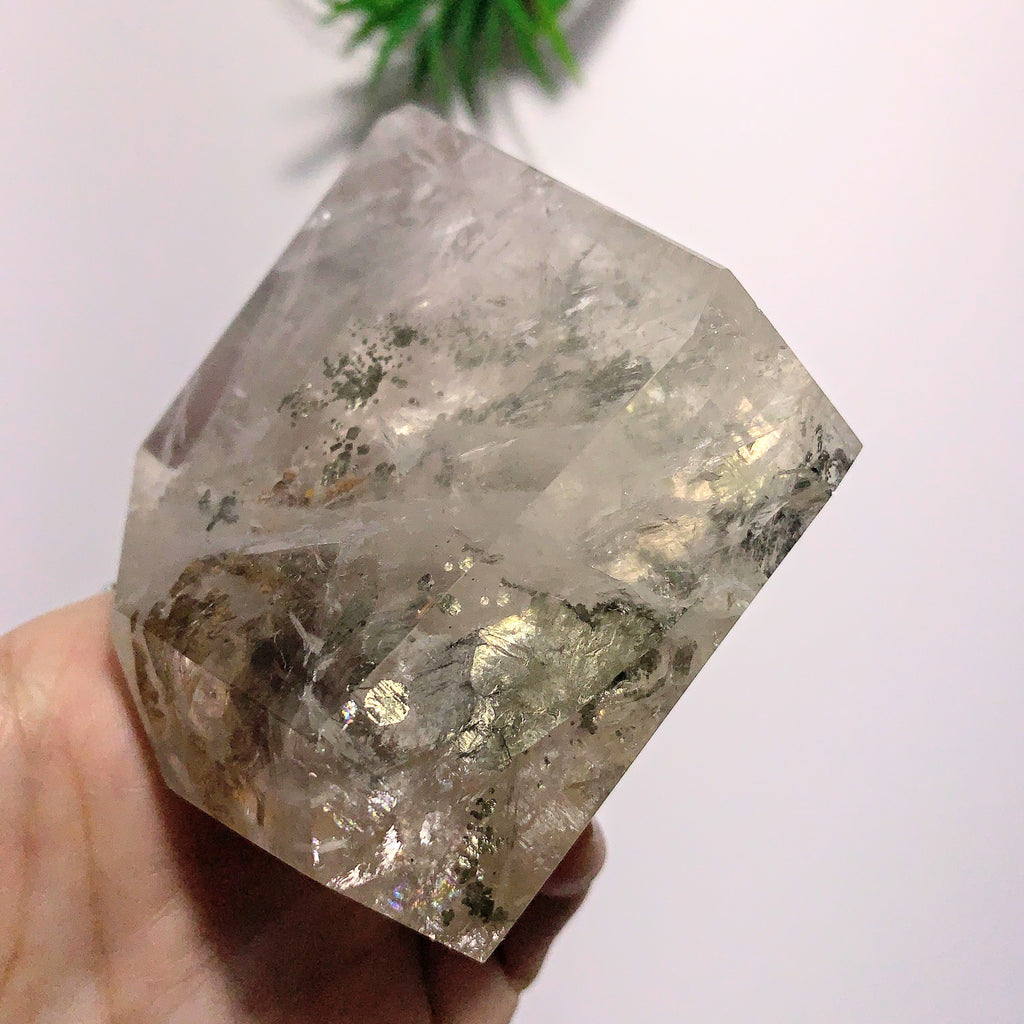 Clear Quartz Chunky Polished Display Specimen With Golden Pyrite Inclusion-Locality Brazil - Earth Family Crystals