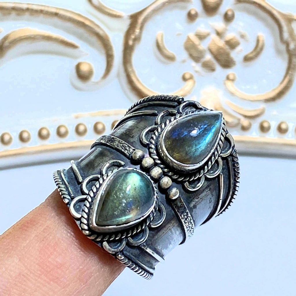 Chunky Statement Double Labradorite Antique Style Sterling Silver Ring (Size 9) - Earth Family Crystals