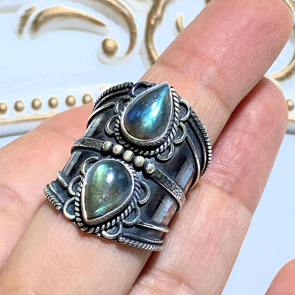 Chunky Statement Double Labradorite Antique Style Sterling Silver Ring (Size 9) - Earth Family Crystals