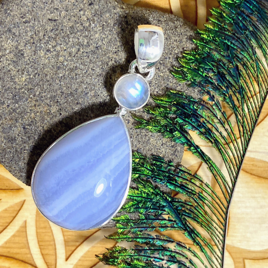 Stunning Blue Lace Agate & Rainbow Moonstone Sterling Silver Pendant (Includes Silver Chain) - Earth Family Crystals