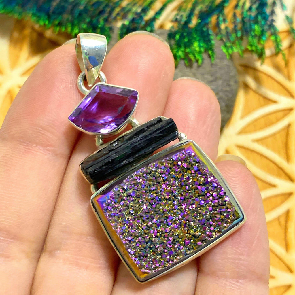 Reserved for Sandy Gorgeous Rainbow Titanium Quartz, Amethyst & Black Tourmaline Chunky Pendant In Sterling Silver (Includes Silver Chain) - Earth Family Crystals