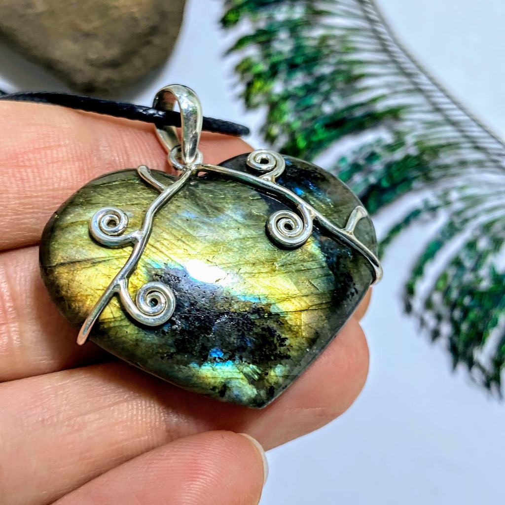 Chunky Labradorite Heart Sterling Silver Pendant (On adjustable Cord) #2 - Earth Family Crystals