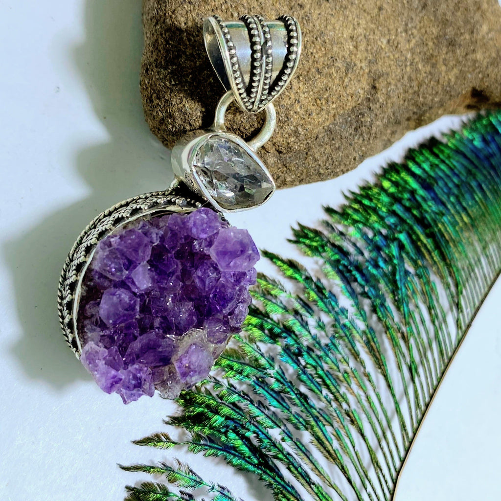 Natural Amethyst & Herkimer Diamond Statement Sterling Silver Pendant (Includes Silver Chain) - Earth Family Crystals